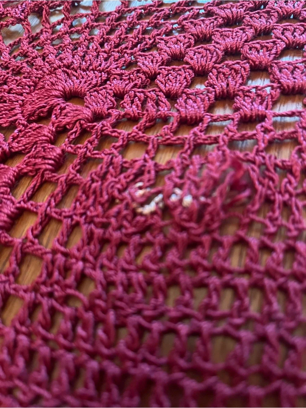 Antique Hand Crochet Burgundy Fringe Tablecloth